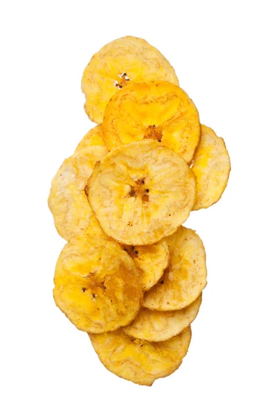 Platano batatas fritas de banana no fundo branco — Fotografia de Stock
