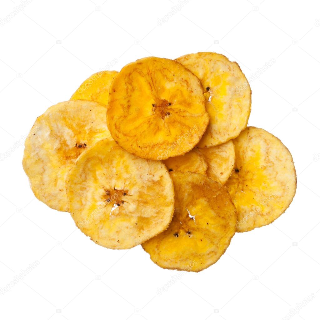 Platano plantain chips on white background