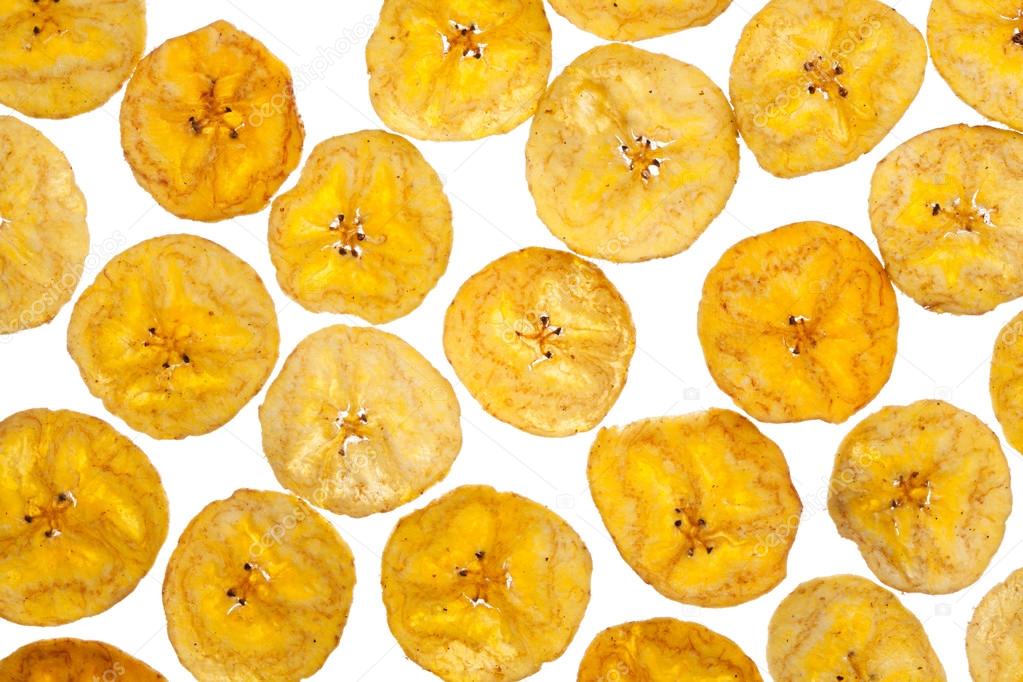 Platano plantain chips on white background