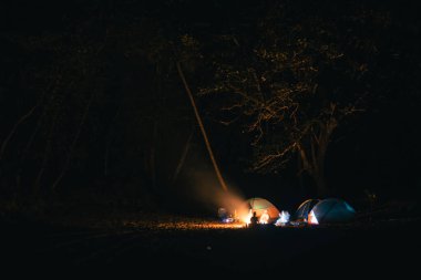 Gökyüzünün altında kamp yapan yıldızlarla dolu bir şenlik ateşi