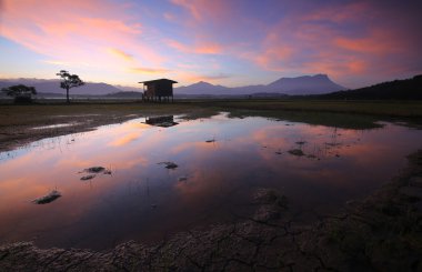 Arka planı renkli güneş doğarken Mount Kinabalu ile yansıması