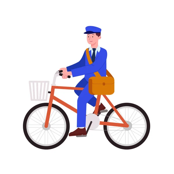 Postman Riding Bike His Job Flat Cartoon Illustration — стоковый вектор
