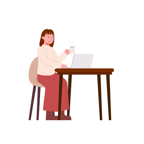 Mujer Joven Trabaja Escritorio Con Ordenador Portátil Disfrutar Ilustración Café — Vector de stock