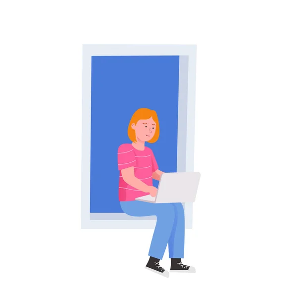 Vrouw Zit Windows Met Laptop Flat Illustration — Stockvector