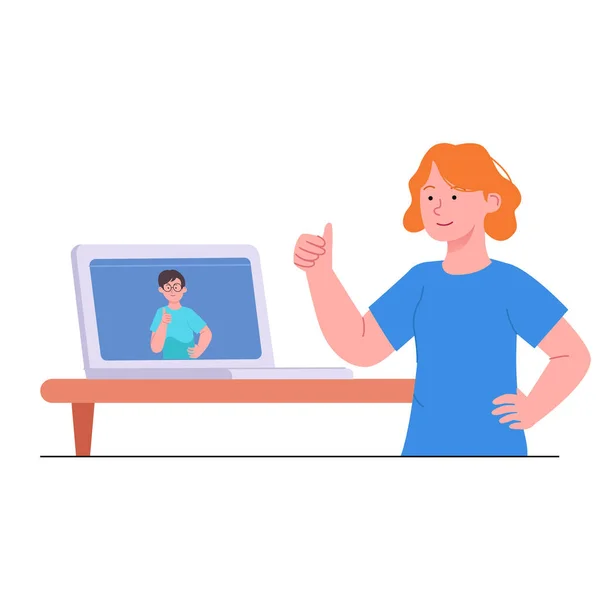 Frauen Daumen Hoch Bei Videoanruf Flat Illustration — Stockvektor