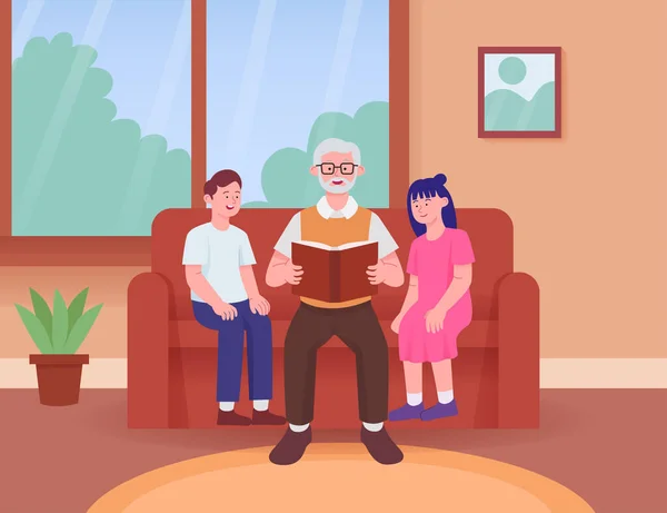 Dziadkowie Read Story Book Grandchild Sofa Flat Illustration — Wektor stockowy