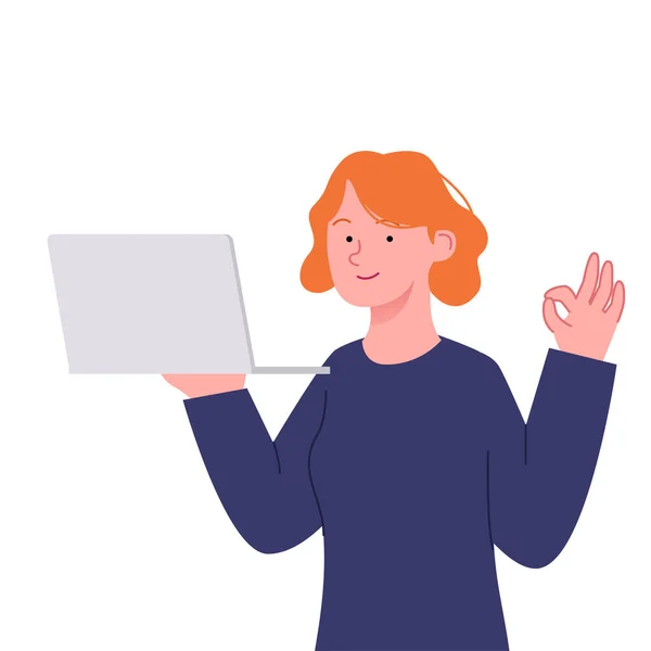 Vrouw Hold Laptop Gebaar Hand Illustratie — Stockvector
