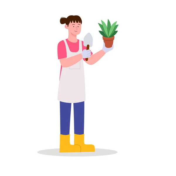 Femme Jardinage Plantes Intérieur Illustration Plate — Image vectorielle