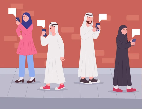 Arabové Dívají Smartphone Chůze Ulici Ploché Ilustrace — Stockový vektor