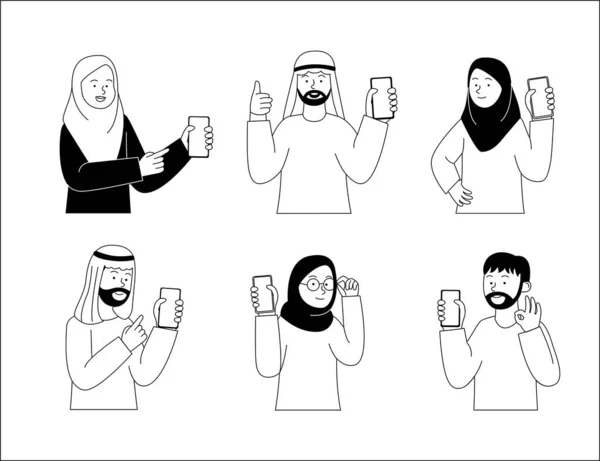 Grupa Arabskich Ludzi Pokazać Smartphone Płaski Zarys Ilustracji Wektor Stockowy