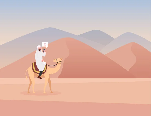 砂漠で失われたアラビア人男性乗馬ラクダチェック電話フラット漫画イラスト — ストックベクタ