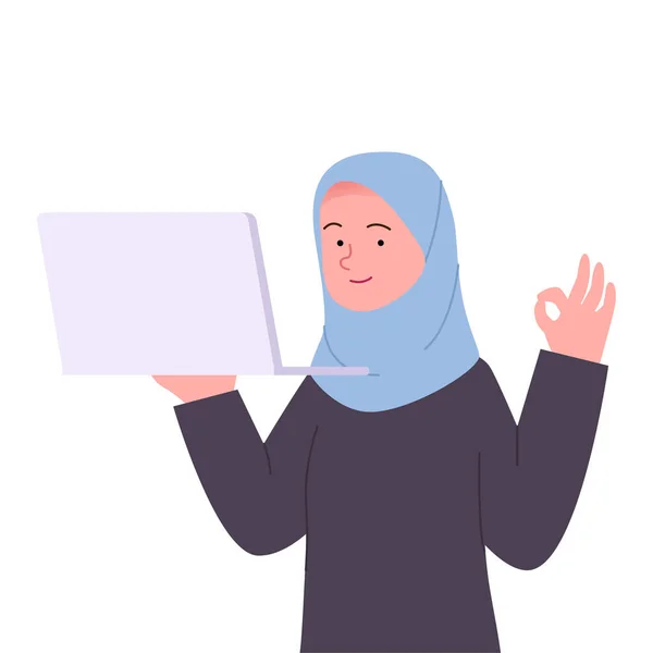 Arabian Hijab Woman Gesture Holding Laptop Cartoon - Stok Vektor