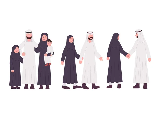 Grupo Familia Árabe Pareja Ilustración Plana Dibujos Animados — Vector de stock