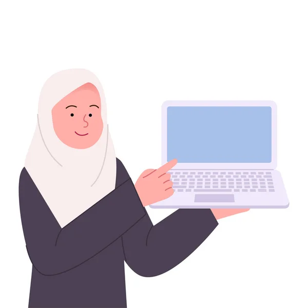 Hijab Woman Mengarah Laptop Flat Illustration - Stok Vektor