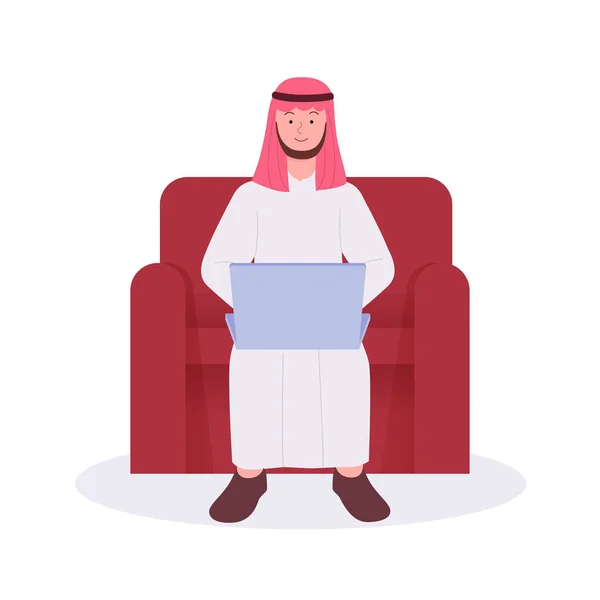 アラビア人男性ラップトップフラットイラストで座りと作業 — ストックベクタ