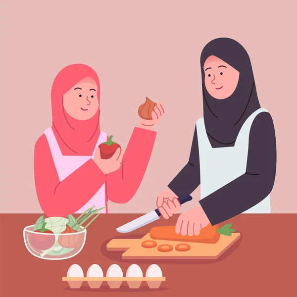 Madre Hija Árabes Preparando Cocina Juntas Ilustración — Archivo Imágenes Vectoriales
