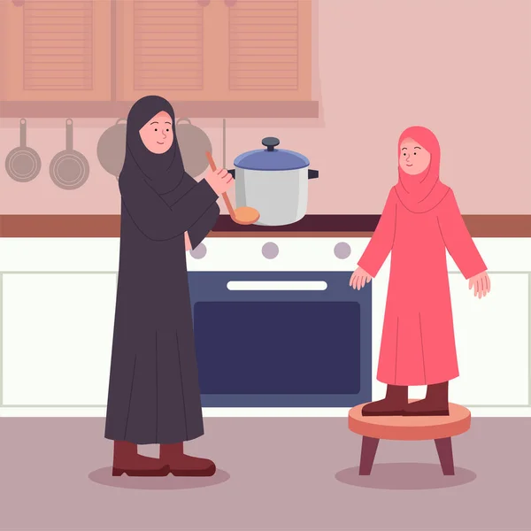 Happy Arabian Mother Daughter Kitchen — Stock Vector
