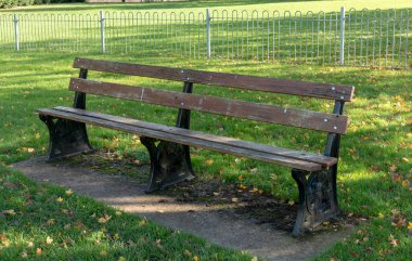 Açık bir parktaki ahşap ve metal bankın yakın görüntüsü. 
