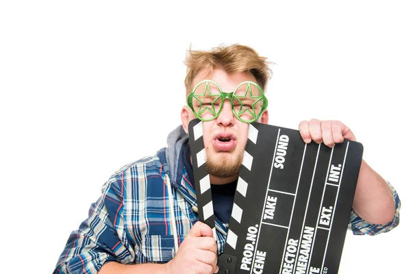 Guy with glasses shows a funny emotion — Stock Photo, Image