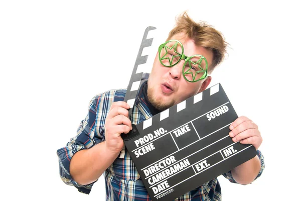 Guy with glasses shows a funny emotion — Stock Photo, Image