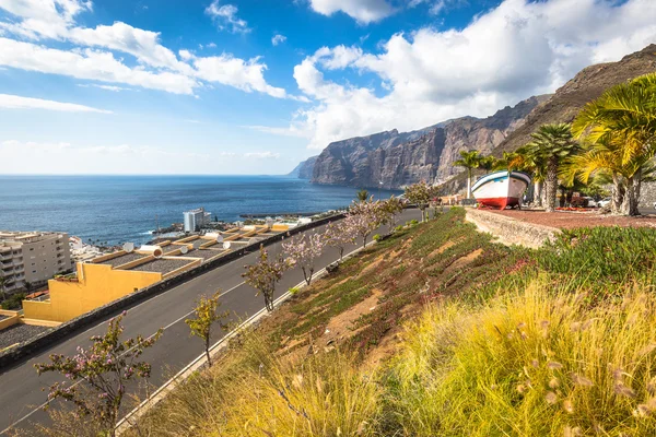 Los Gigantes, T okyanusta yakınındaki renkli boyalı balıkçı teknesi — Stok fotoğraf