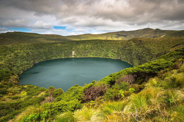 Azores landscape with lake in Flores island. Caldeira Funda. Por
