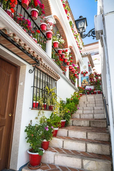 Picturesque street of Mijas with flower pots in facades. Andalus — Stock Photo, Image