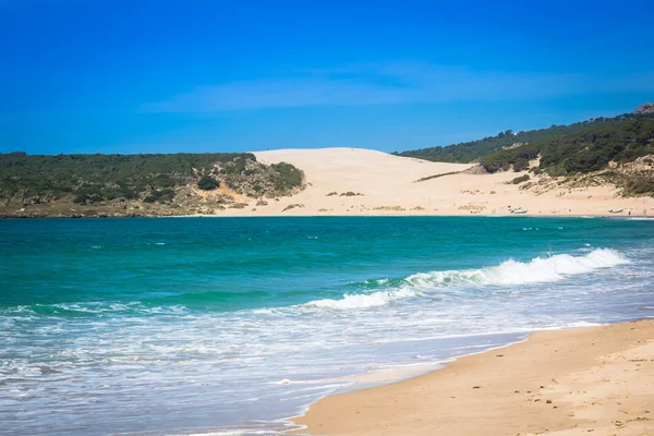 Duna de areia da praia de Bolonia, província de Cádiz, Andaluzia, Espanha — Fotografia de Stock