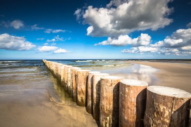 Geç öğleden sonra Baltık kum Leba plajındaki tahta dalgakıranlar