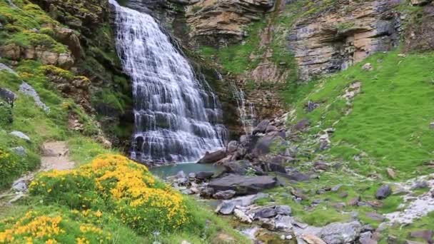 Cascada Cola de Caballo Cascada bajo Monte Perdido en el Valle de Ordesa Aragón Pirineos Huesca de España — Vídeos de Stock