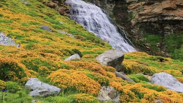 Водопад Каскада-Кола-де-Кабальо под Монте-Пердидо в долине Ордеса Арагон Уэска Пиренеи Испании — стоковое видео