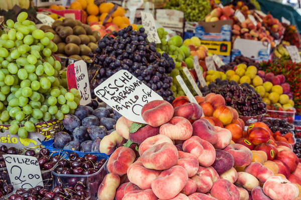 Colorful groceries marketplace in Venice, Italy. Outdoor market 