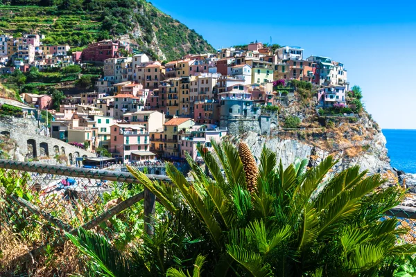 Byn i manarola med färja, cinque terre, Italien — Stockfoto