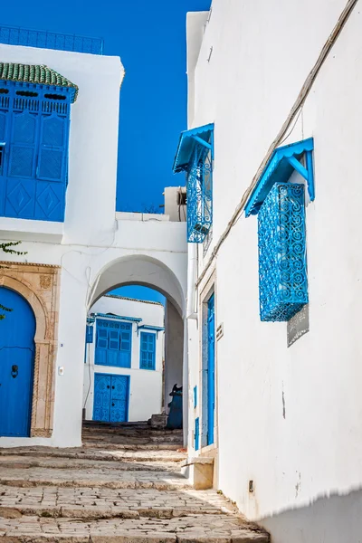 Sidi Bou Said - tipik beyaz duvarlar, mavi kapı ile bina bir