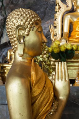 Buda heykelleri kaplan üzerinde tapınak krabi, Tayland yakınındaki mağara