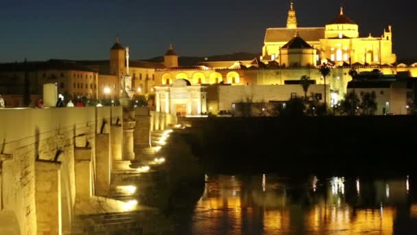 Spanyolország. Cordoba. Római híd és a Mezquita mecsettől éjjel — Stock videók