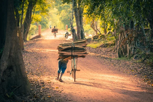 Cyclist on Dirt Road in the jungle. Cambodia — Stock Photo, Image