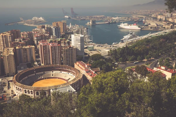 View of Malaga with bullring and harbor. Spain — Stock Photo, Image