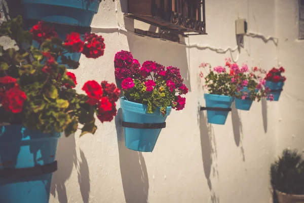 Rua com flores na cidade de Mijas, Espanha — Fotografia de Stock