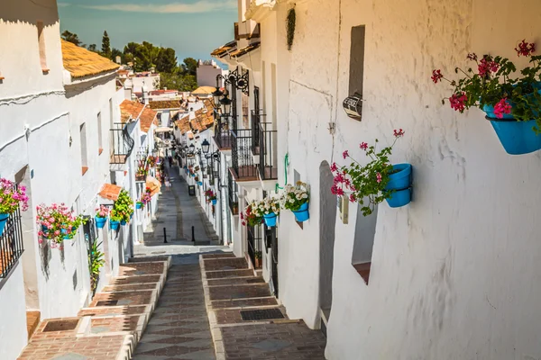 Живописная улица Михас с цветочными горшками в фасадах. Андалус — стоковое фото