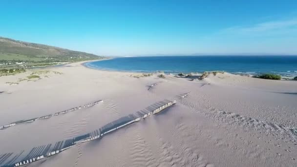 Luchtfoto van vliegen Drone op gebied van Tarifa in Spanje — Stockvideo