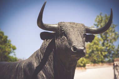 Boğa heykeli önünde ronda, İspanya boğa güreşi arenada