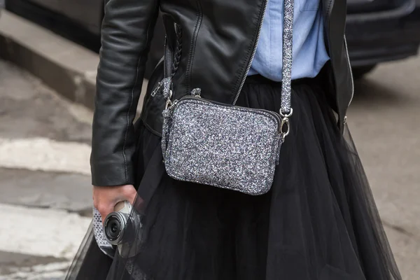 Detail of bag outside Sportmax fashion show during Milan Women 's — стоковое фото