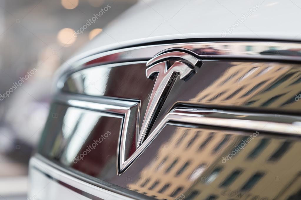 MILAN, ITALY - MARCH 31, 2016: Detail of Tesla Model S 90D car. Tesla Motors  is an American company that designs, manufactures, and sells cutting edge electric cars.