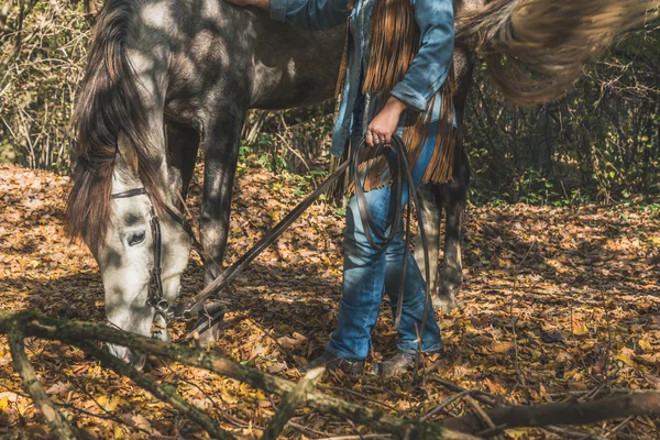 Detalhe de uma menina em pé junto ao seu cavalo cinzento — Fotografia de Stock