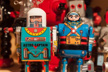 Vintage teneke robotlar homi ekrana, uluslararası gösteride ev: milan, İtalya