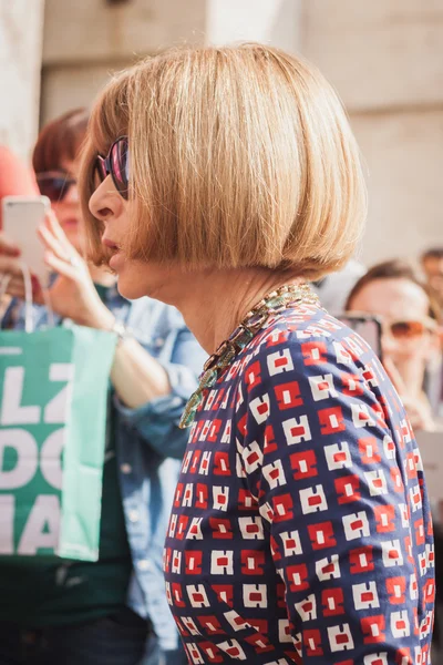 Anna wintour buiten ferragamo mode Toon gebouw voor vrouwen Milaan modeweek 2014 — Stockfoto
