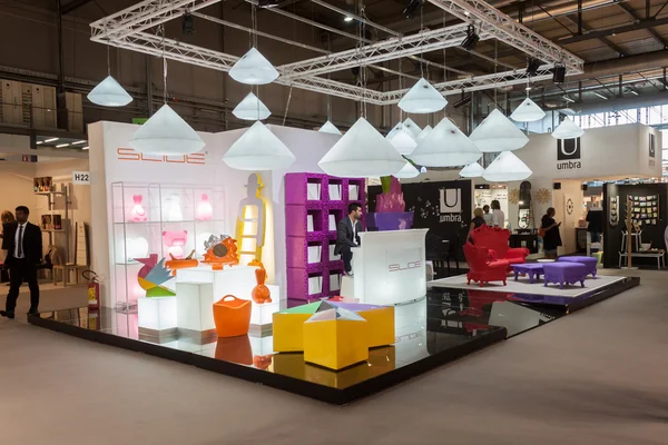 Slide stand at HOMI, home international show in Milan, Italy — Stok Foto