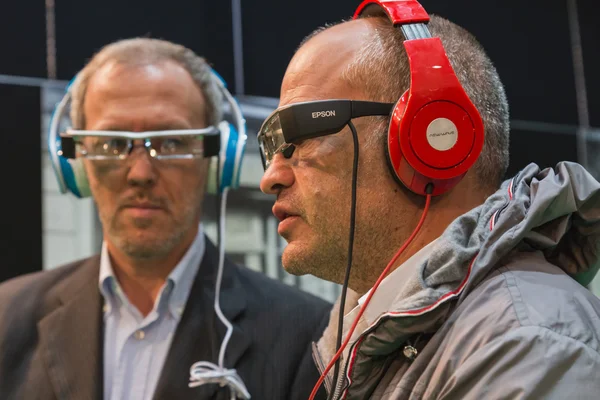 Guys wearing glasses for augmented reality at Smau 2014 in Milan, Italy — Stock Photo, Image