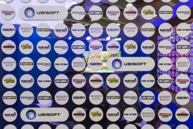 Detail of Ubisoft stand at Games Week 2014 in Milan, Italy clipart